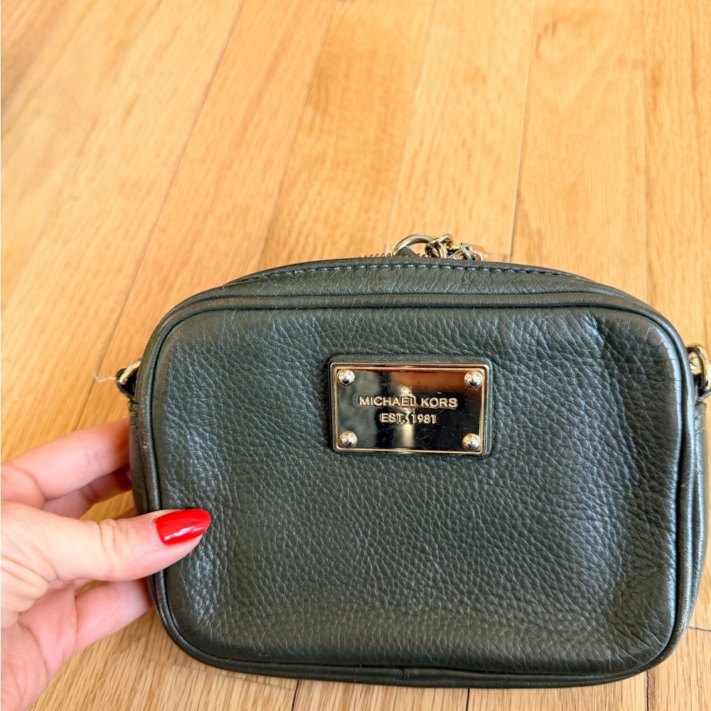 Michael Kors Olive Green Pebbled Leather Crossbody with Gold Plaque